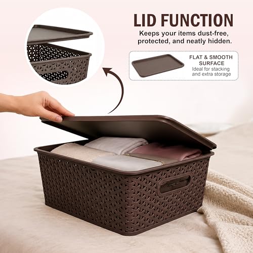 Image of JD Fresh Pack of 3 Premium Plastic Storage Basket with Lid /Smooth Handle Design & Stackable Storage Organizer /Durable Kitchen Storage Basket for Clothes, Vegetables, Fruits, Toys and Stationery(Brown)