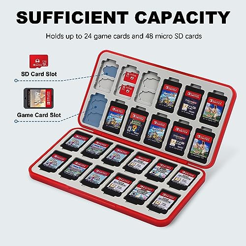 Image of FYY Nintendo Switch Game Case Holder for Switch 2 Cartridge Case with 24 Game Card Slots & 48 Micro SD Card Slots, Hard Shell, Silicone Lining Red