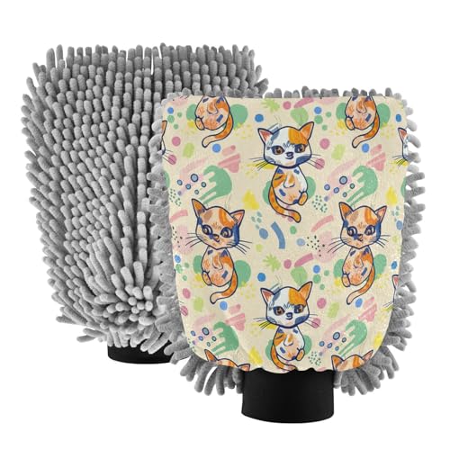 STAYTOP Cute Cartoon Cat Car Wash Mitt Microfiber, 2Pcs Scratch Free Lint-Free, Premium Chenille Microfiber Mitt Car Wash Brush-M