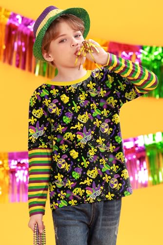 Image of Unisex Kids St Patrick's Mardi Gras Stripe Patchwork Long Sleeve Carnival Shirt 4-14 Years