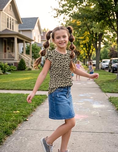 Image of Girls T Shirts Ruffle Short Sleeve Round Neck Loose Blouse Summer Solid Color Casual Girl Tee Tops for 3-12 Years