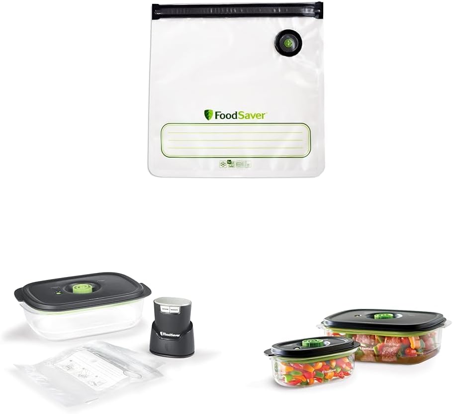 FoodSaver® Reusable Gallon Vacuum Zipper Bags & FS2160 Multi-Use Handheld Vacuum Sealer And Marinator, 2146039 & 2116382 Preserve & Marinate Vacuum -Containers,1-3 cup and 1-10 cup, Clear (Count-2)