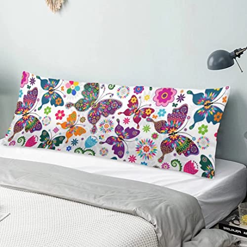 Butterfly Body Pillow Cover Colorful Spring Floral Flowers Butterflies Long Pillow Case Protector With Zipper Decorative Soft Large Pillow Cases Covers Cushoned For Bed,Couch,Sofa,Home Gift 20"X54" #TOP14