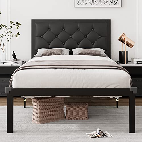 Ipormis Twin Size Metal Bed Frame With Faux Leather Button Tufted Headboard, 12" Underbed Storage, Steel Slats Support, Noise Free, Easy Assembly, No Box Spring Needed, Black #TOP17