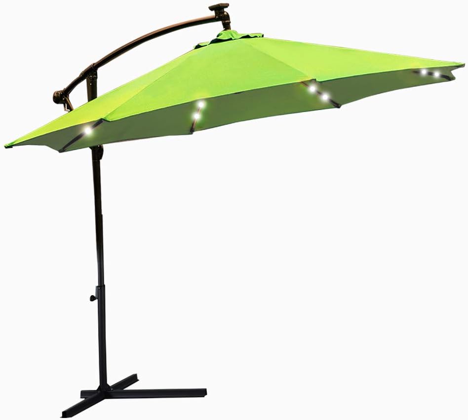 PANANA-Store 3M LED Banana Parasol, Cantilever Hanging Patio Garden Umbrella Sun Shade with Free Rain Cover Green