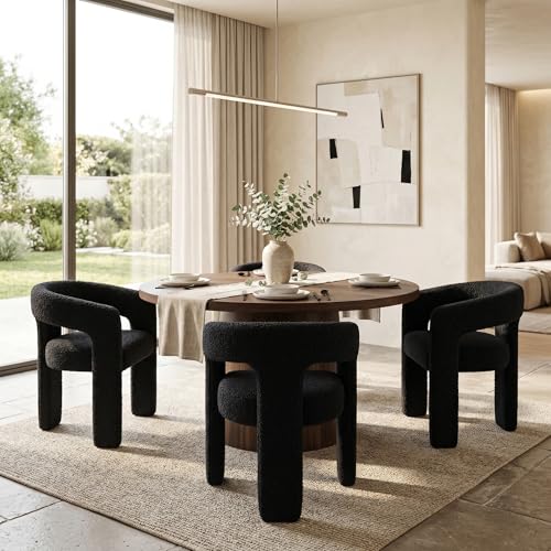 Image of HNY Modern Barrel Kitchen & Dining Room Chairs Set of 4, Sherpa Upholstered Accent Chairs with Arm, 18.5'' Wide Side Armchairs Vanity Chairs for Living Room Bedroom Makeup Small Spaces, Black
