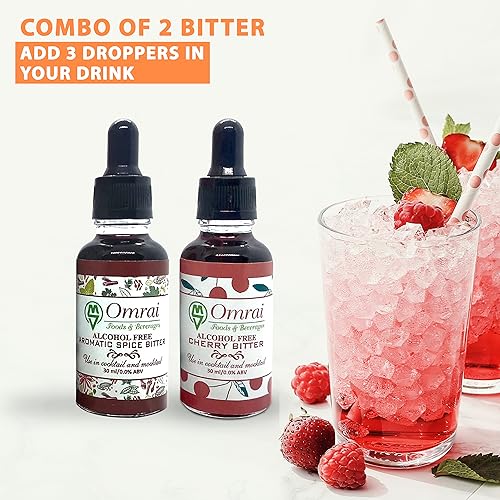 Image of Omrai Foods Spice+Cherry Combo Bitters for Cocktails & Mocktails, 30ml Non-Alcoholic Botanical Bitters | Natural Spice Flavor Enhancer Ideal for Old Fashioned, Negroni, Manhattan, Martini & Gin Tonic