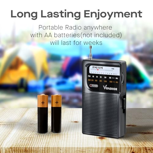AM FM Battery Operated Portable Pocket Radio - Best Reception and Longest Lasting. AM FM Compact Transistor Radios Player Operated by 2 AA Battery, Mono Headphone Socket, by Vondior