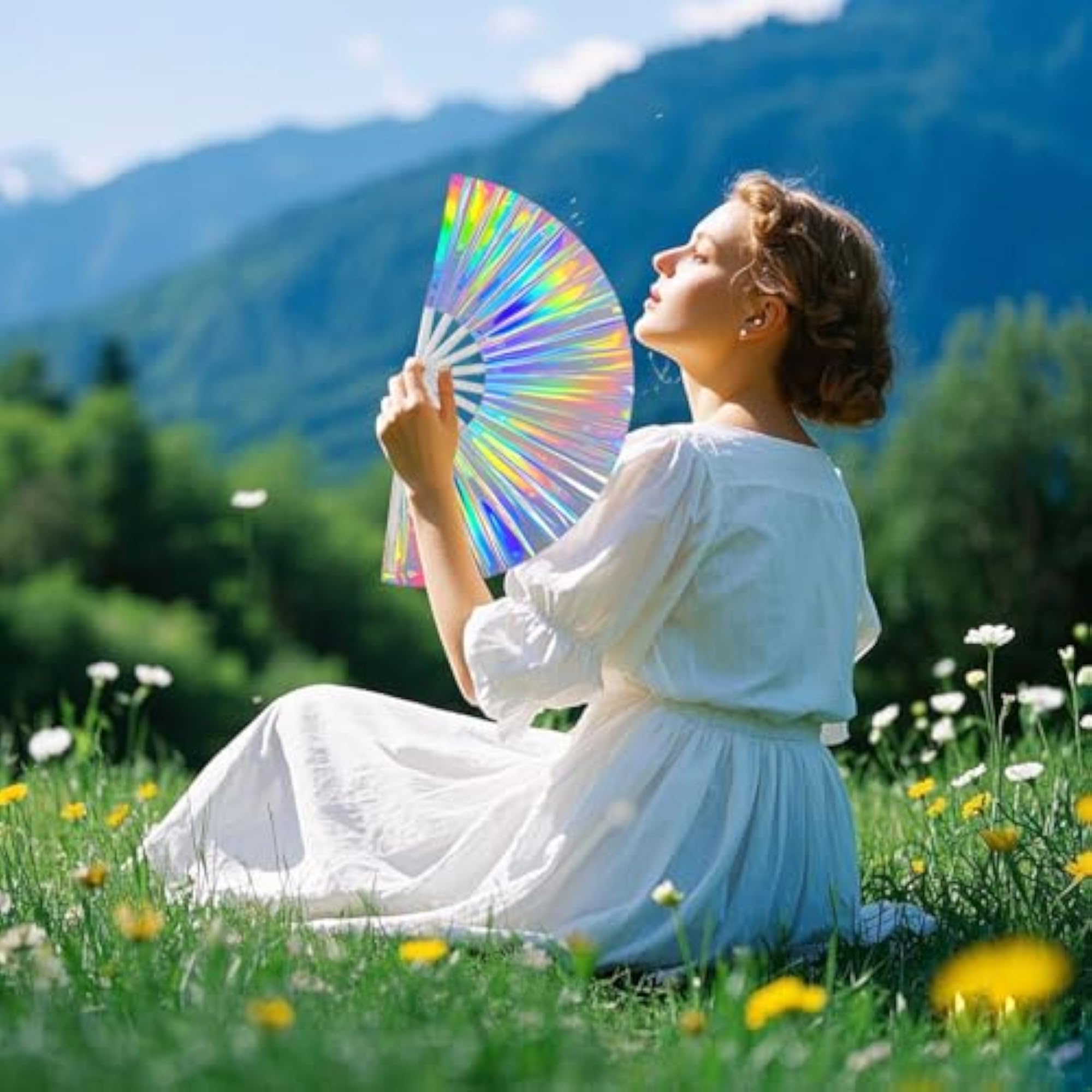 Large Folding Hand Rave Fan, Holographic Design