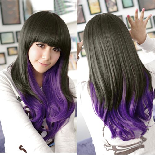 New Women's Long Curly Wavy Full Wigs Hair Black+purple Cosplay Anime Lolita Wig