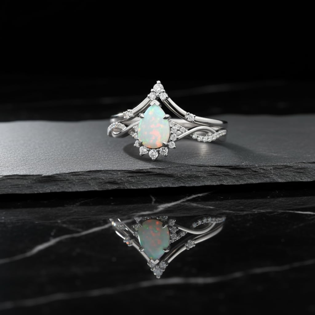 1.5 Carat Opal Engagement Ring Set for Women Unique Pear Cut Ring Bridal Set 925 Sterling Silver Rings with 18K White Gold Plated