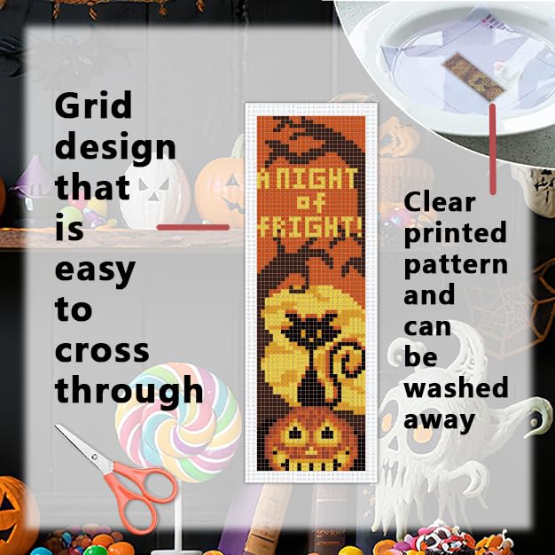 Image of INFUNLY Halloween Cross Stitch Bookmarks Kit Evil Pumpkin Handmade Cross Stitch Bookmarks Skeleton Ghost Embroidery Bookmark Trick or Treat DIY Cross Stitch Set with Instruction for Adults Book Lover