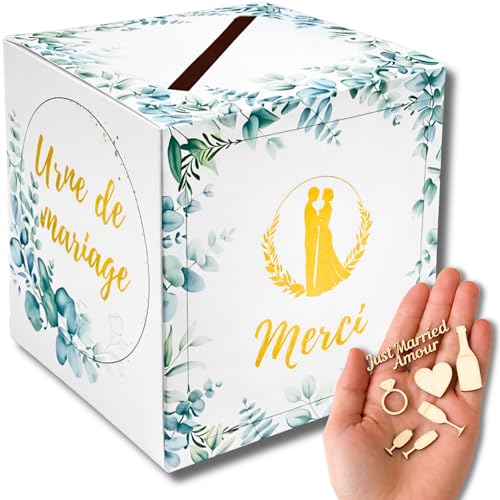 Urne Mariage Blanche en Carton | Boîte à Enveloppes & Cartes Cadeaux, Cagnotte Mariage | Décoration Mariage Champêtre | Confettis Bois Cœur | Deco Table - 20x20x20...