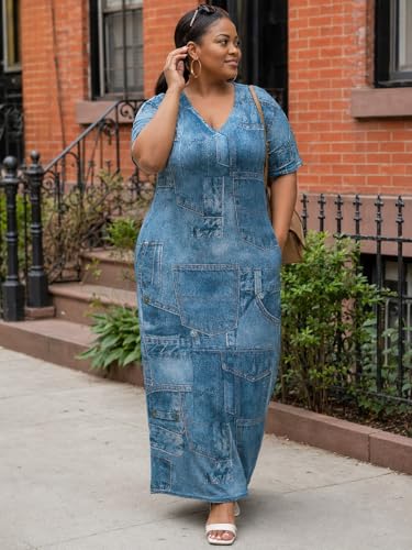 Image of SUZONANA Plus Size Denim Print Maxi Dresses for Women Casual V Neck Short Sleeve with Pockets Soft Jean Look Dress XL-6XL