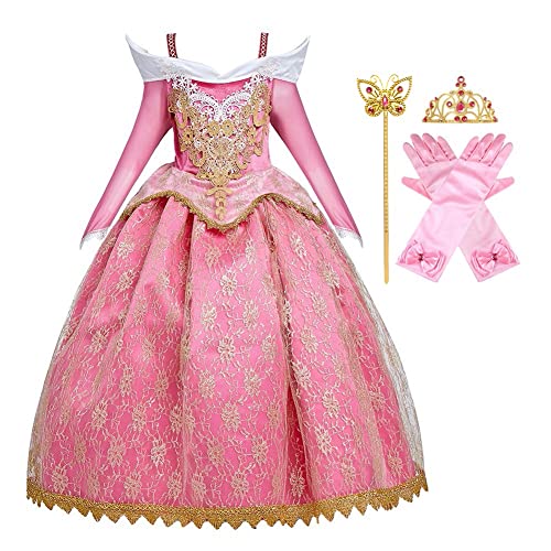 FMYFWY Costume de Carnaval Filles Princesse Robe de Aurora La Belle au Bois Dormant Déguisements Cosplay Halloween Noël Fête Robe de Soirée Cérémonie Anniversaire Robes avec Accessoires 5-6 ans