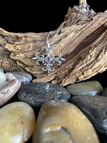 Sterling Silver and Amethyst Croix La Me'Re Fleur De Lis Pendant on 18 Inch Chain Necklace4