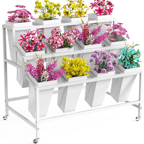 VGMiu Flower Display Stand with 12 Buckets White Flower Cart 3 Layers Metal Flower Bar Stand with Wheels, Moving Florist Bouquet Shelf for Weddings Florist Indoor Outdoor Patio Garden Living Room