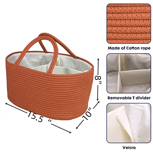 Image of XUANGUO Large Cotton Rope Baby Diaper Caddy Organizer Basket Rust | Nursery Storage Bin, Portable Baby Tote Bag for Changing Table or Car, Baby Shower Gifts Bag, Newborn Essentials, Registry