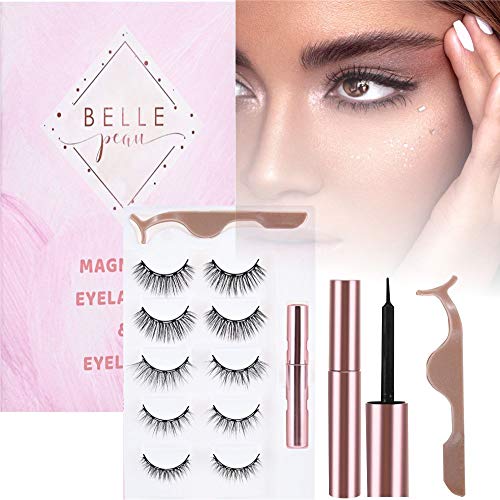 Belle Peau Magnetic Eyelashes with Eyeliner - 5 Pairs with Tweezers, Magnetic Eyelash Kit, Reusable - No Glue Needed, False Eyelashes Natural Look - 2020 Upgraded - Easy to Wear