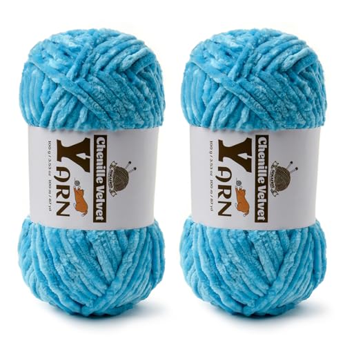 Image of 2 Pack Plush Chenille Chunky Yarn - Fluffy Velvet Yarns Crochet for Blanket Knitting and Crocheting - Soft Baby Yarn for Crocheting - Amigurumi Crochet Yarns 100g (87yds) (2 Lake Blue)
