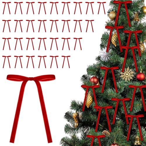 30 Pcs Red Velvet Christmas Tree Bows, Velvet Christmas Bows for Christmas Tree Vintage Ribbon Bows for Xmas Home Outdoor Indoor