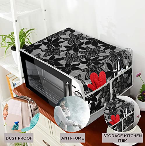 Image of Polyester 3-Layered Microwave-Oven Top Cover with 4 Pockets (BlackGrey, Size-36x14 Inches), geometrical design (MOCTC-FLOK-FLW-BLCKGRY)