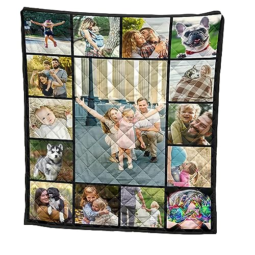 Custom Family 15 Photo Quilt Gift - Personalized Photo and Text Fleece Quilts, Great for Families, Grandkids and Mom