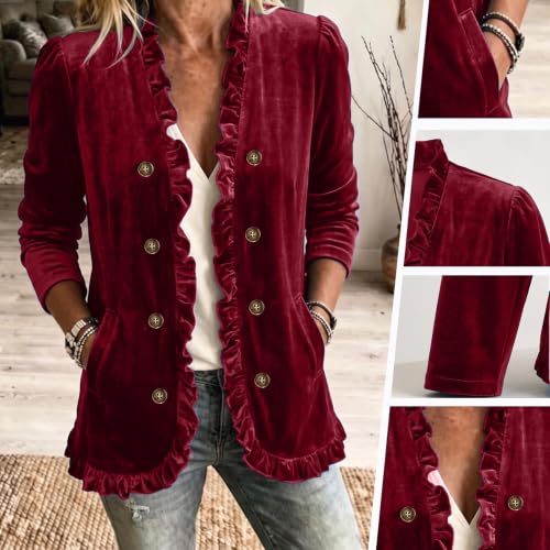 Velvet Jacket Women Velour Button Front Jackets Ruffle Trim Velvet Blazer - image 6