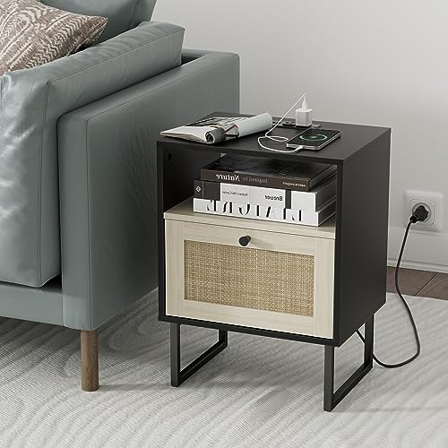 Image of Masupu Boho Night Stand, Small Rattan Side Table, Wood Nightstand with Drawer and Charging Station, Bedside Table with White Shelf, End Table for Bedroom,Living Room,Office (Black Mix White)