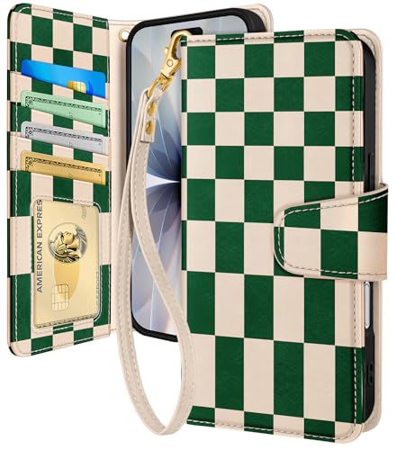 Toycamp for iPhone 17 Wallet Case, Leather Flip Cover, Green Checker