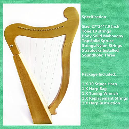Lyre harp,19 strings Mahogany Lyre Harp For Adult Kids Beginner with Gig Bag Tuning Wrench Black Strap Replacement Strings