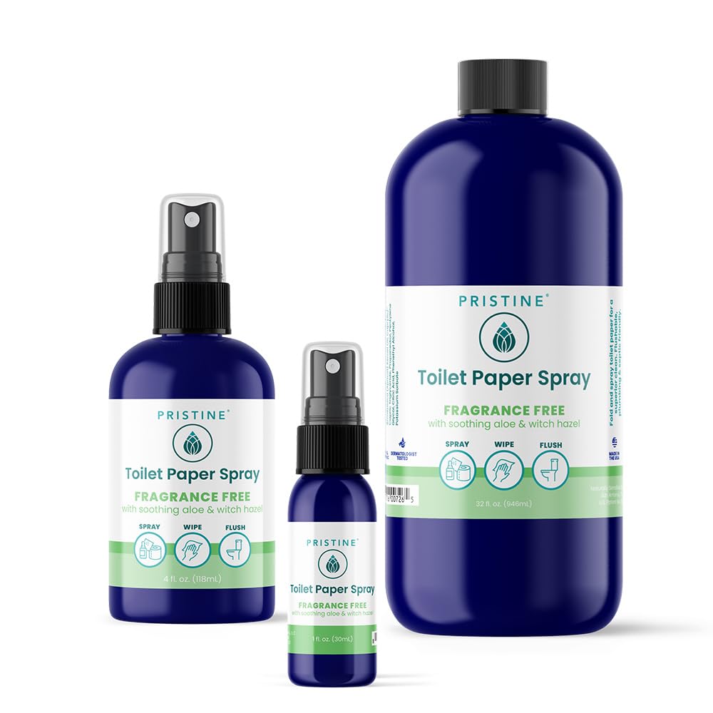 PRISTINE Toilet Paper Spray - As Seen on Shark Tank, More Natural Personal Cleansing Wipe Alternative, Spray Toilet Paper to Create Flushable Wipe, Fragrance Free All Size Bundle