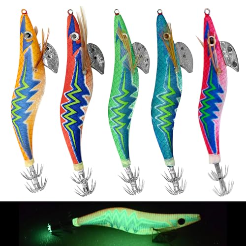 Squid Jig Luminous Fishing Lures Kit (5pcs, Glow, UV, Size 3.5)