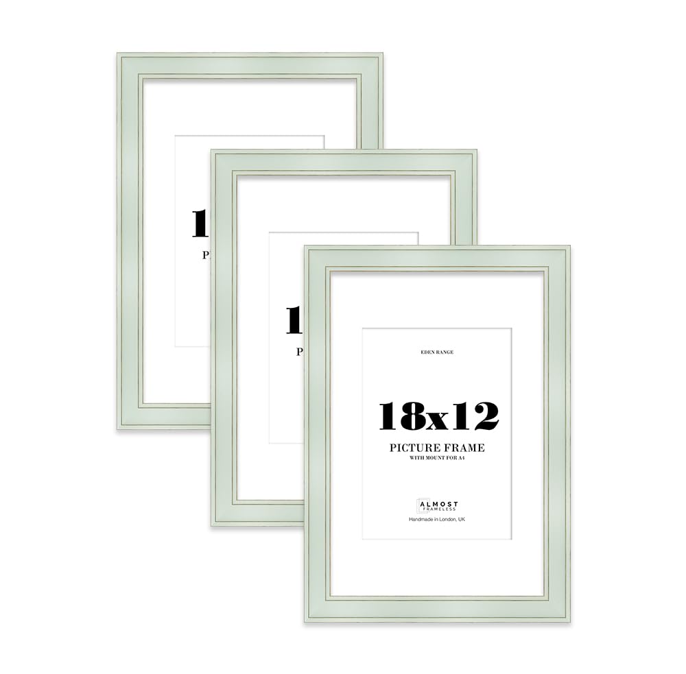 18x12" Sage Green Picture Frame with A4 Mount - Shabby Chic Photo Frame with Distressed Finish, Gold Trim, Wall Hooks, 37mm Edge - 3 Pack