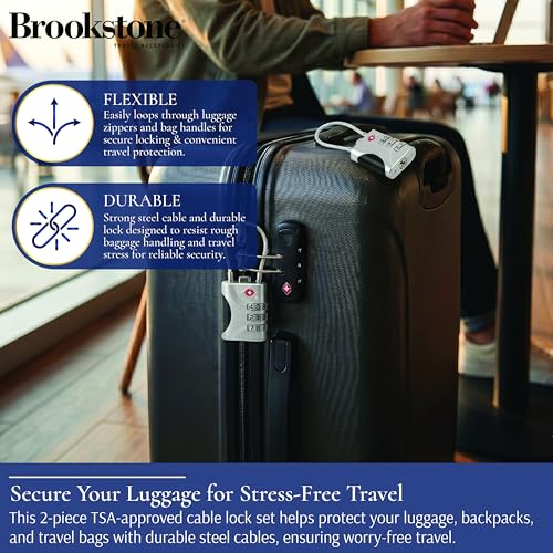 Image of Brookstone Cable Lock - 2 Pack 3-Digit Keyless TSA Approved Locks for Luggage - Resettable Combination Luggage Lock, Size One Size, Silver