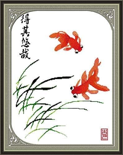 Happy Forever Cross Stitch Kits 11CT Stamped Patterns for Kids and Adults, DIY Preprinted Embroidery Kit for Beginner, Animals 1 (D646 Goldfish Blessing 2, Size 27''x25'')