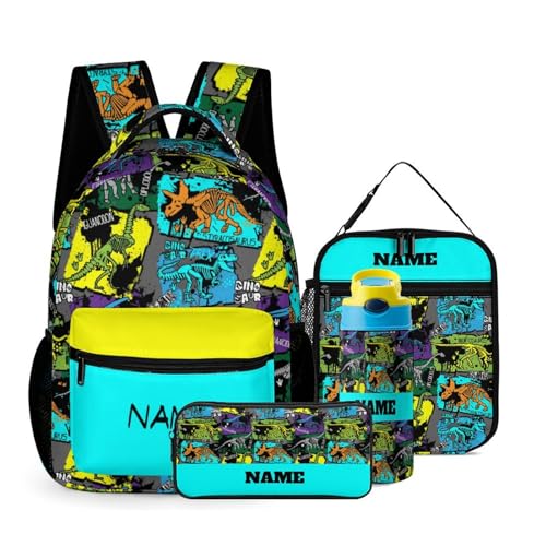 Custom 4Pcs Backpack Set with Lunch Bag Pencil Case Kids Water Bottle Add Your Name Personalized School Book Bags Customization Colorful Dinosaur Skeleton Backpack for Girls Boys