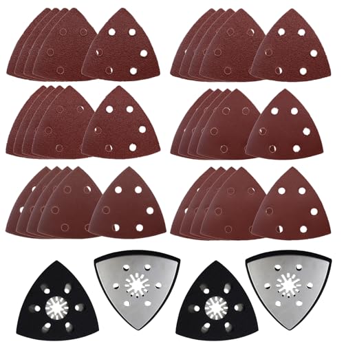 MIPIACE 34 Pièces Plaques Abrasives Multi-Outils Set 4 Pièces Patins de Ponçage 30 Pièces Papier Abrasif pour Ponceuse Triangles de Ponçage Papier de Verre Triangulaire pour Bois Plâtre Métal Ponçage