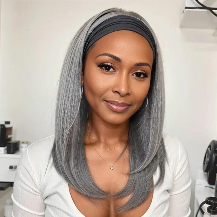 SOUL LADY Salt And Pepper Grey Wigs, Body Wave Headband Human Hair Wigs For Seniors Silver Gray Body Wave Headband Wig Non Lace Bob Wig 12 Inch