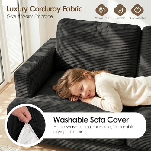 Image of 70 inch Loveseat Sofa, 2-Seater Bedroom Couches with USB & Type-C, Black | Upgrade Upholstered Deep Seat Love Seat Sleeper Sofa, Corduroy Small Couch for Bedroom, Apartment, Office
