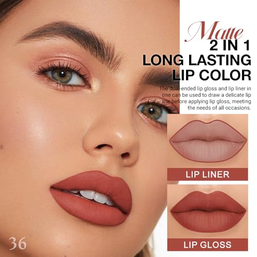 Image of evpct 1Pcs Reddish Brown Matte Lip Liner and Liquid Lipstick Stain Makeup Set for Women, Cranberry Red Long Lasting Smudge Proof Lipstick labiales matte mate larga duracion listip 24 hours originales