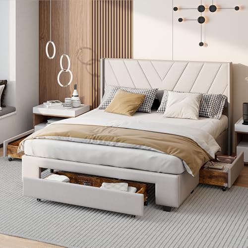 YGHQAP Cama tapizada de 160 x 200 cm, cama doble con 3 cajones de madera, marco de cama con cabecero, cama con somier de láminas y marco de metal, camas con cajón, lino, sin colchón