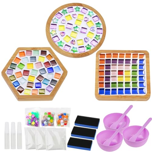 Graplan Juego de 3 posavasos de mosaico, juego de posavasos de piedras de mosaico, mosaico de porcelana, creativo juego de arte y manualidades para niños y adultos