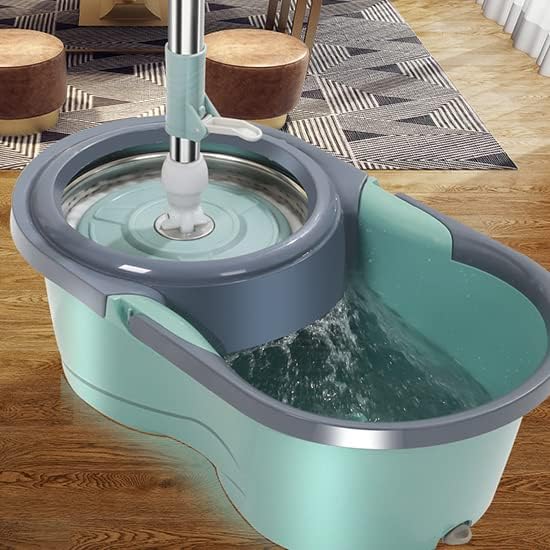 SWISSPACK Spin Mop and Buckets Sets, Microfibre Flat Mop Bucket, Telescopic Handle & 4 Reusable Pads for Hardwood Laminate Tile Floors - 4 Cleaning Mops Included. (Green)