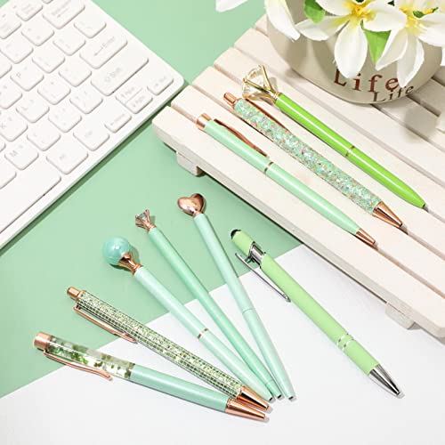 Image of Janmini Metal Crystal Glitter Ballpoint Pen Set 9 Pcs Black Ink Cute Cute Things Novelty Gifts for Women Girls Birthday Home Office (Green)