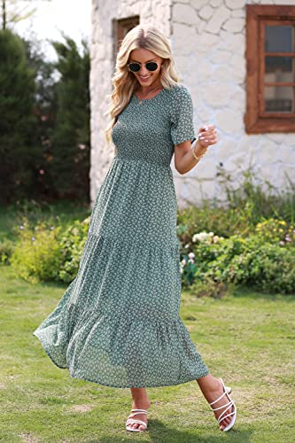 Image of BTFBM Women Casual Short Sleeve Crew Neck Summer Dress Bohemian Floral Printed Flowy Maxi Dresses Tiered Cocktail Dress