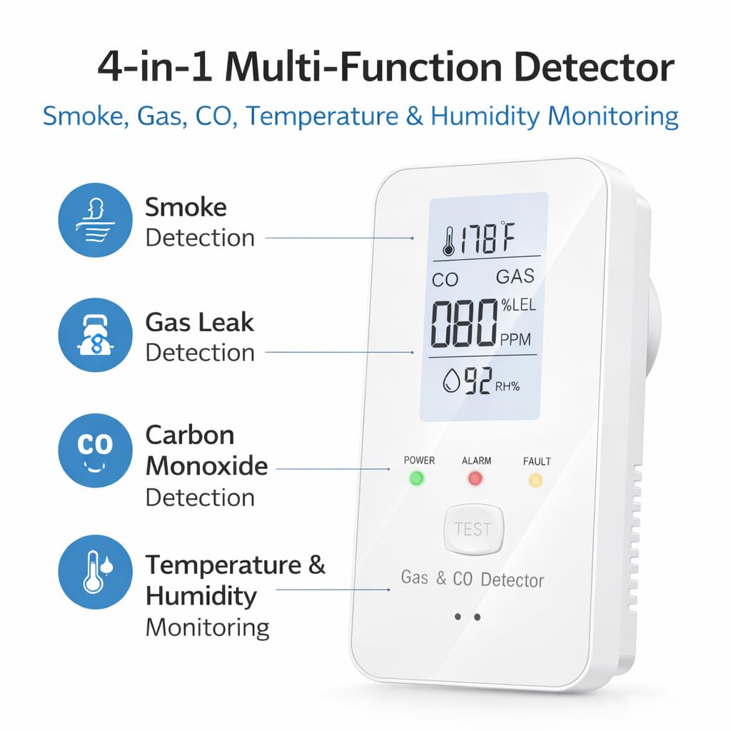 Steadfast Haven 4-in-1 Detector with HD Screen, Home, Apartment, Hotel, Camping RV (White) (White-Color Screen) - 3