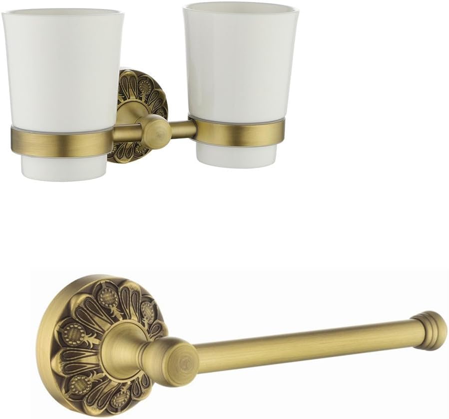 Toilet Paper Rod + Double Toothbrush Holder, Brass Bathroom Accessories Set