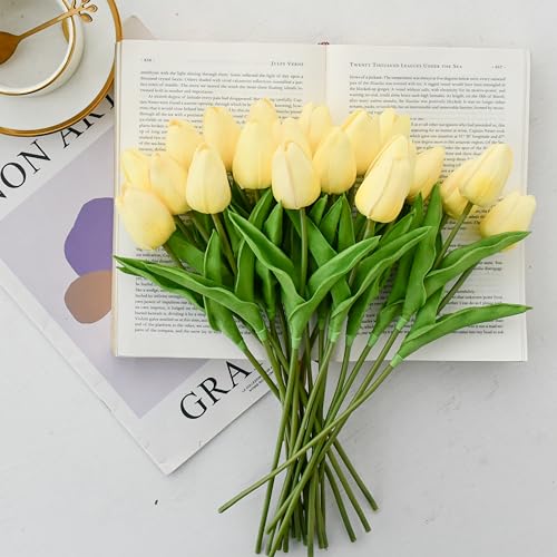 Image of ONLY ART Artificial Light Yellow Tulips 20 Pcs - 13.5 Inch PU Faux Flowers with Bendable Stems for Home Decor, Wedding Centerpieces, DIY Floral Arrangements, New Year and Valentine's Day