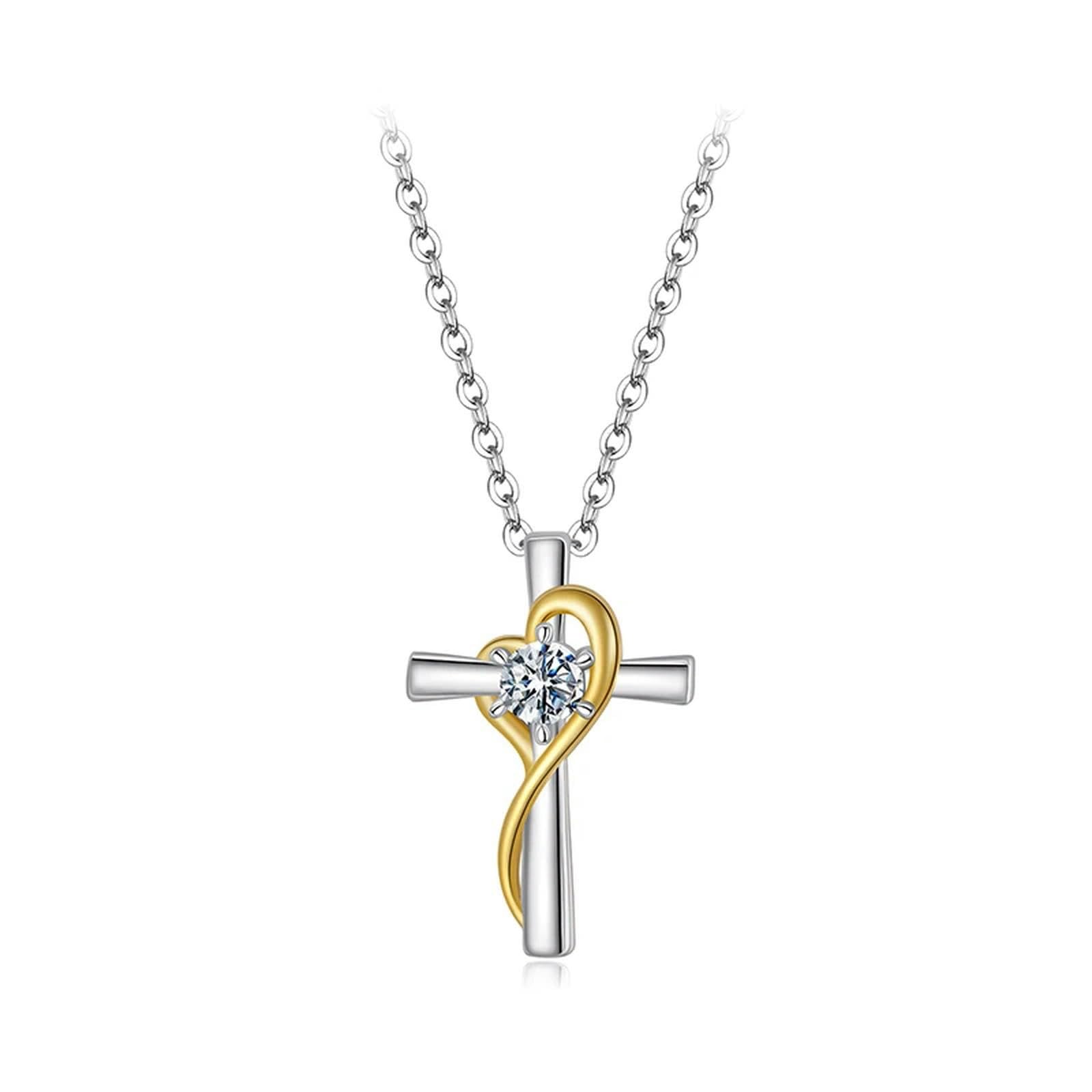 Collier croix Moissanite or bicolore et argent 925, éclat d'exception